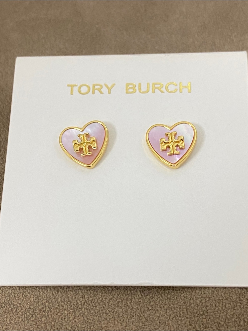 Tory Burch Pink Heart Enamel Logo Stud Earrings